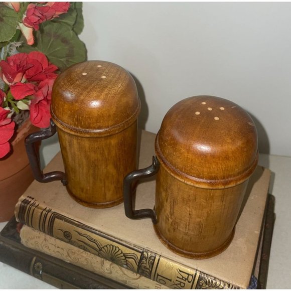 Vintage Mid Century Modern Chunky Wood Salt & Pepper Shakers with Iron Handles - Picture 3 of 9